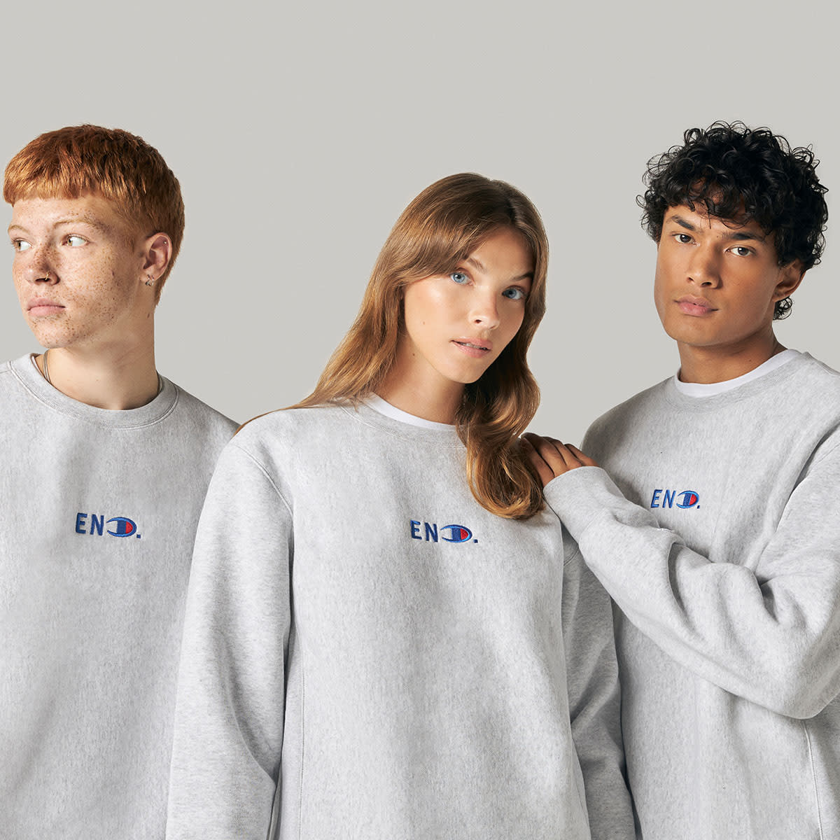 END. x Champion Reverse Weave Crew Sweat (Grey Marl) | END. Launches