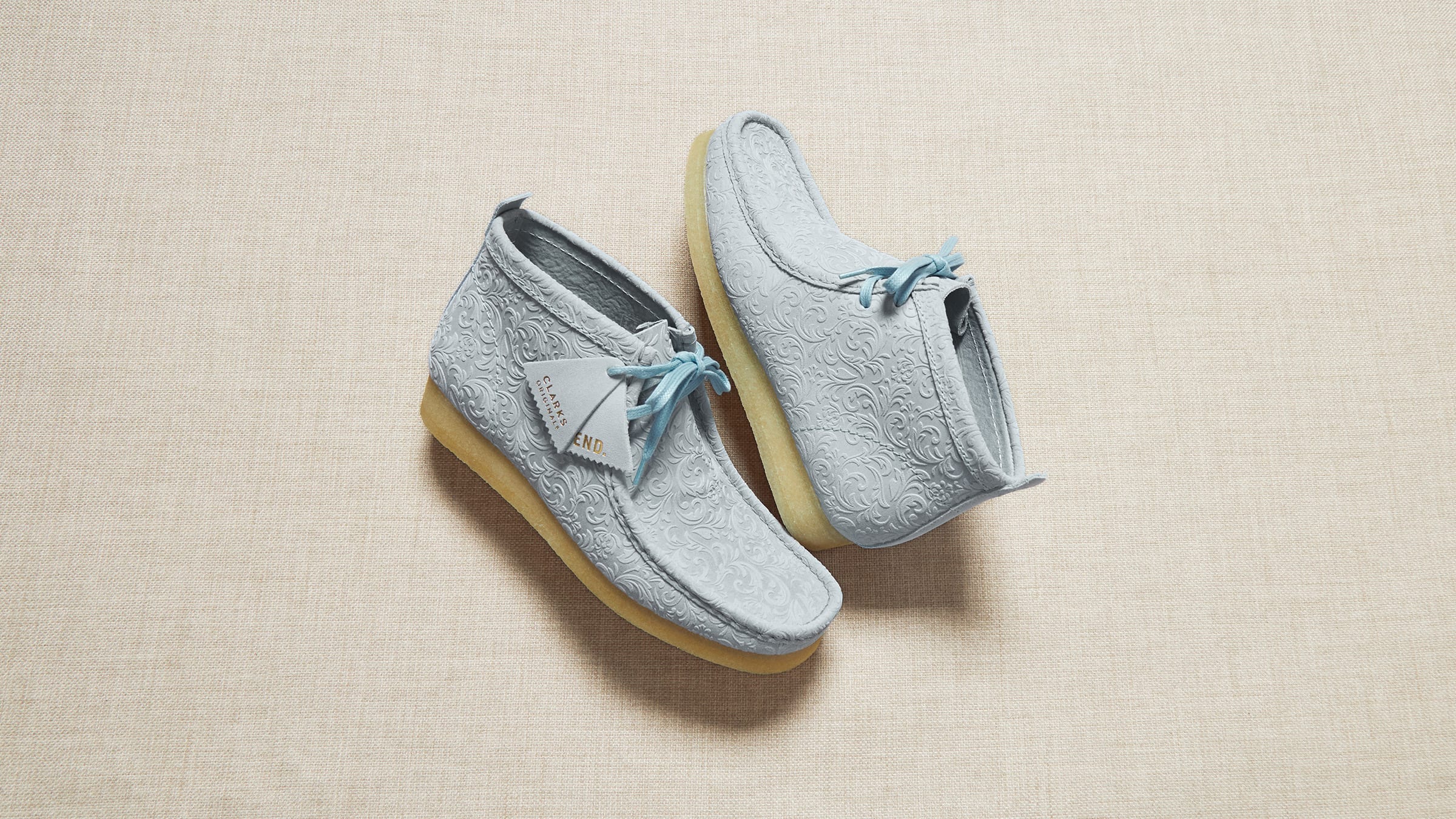 END. x Clarks Originals Oxford Flowers Wallabee Boot (Pale Blue) | END ...