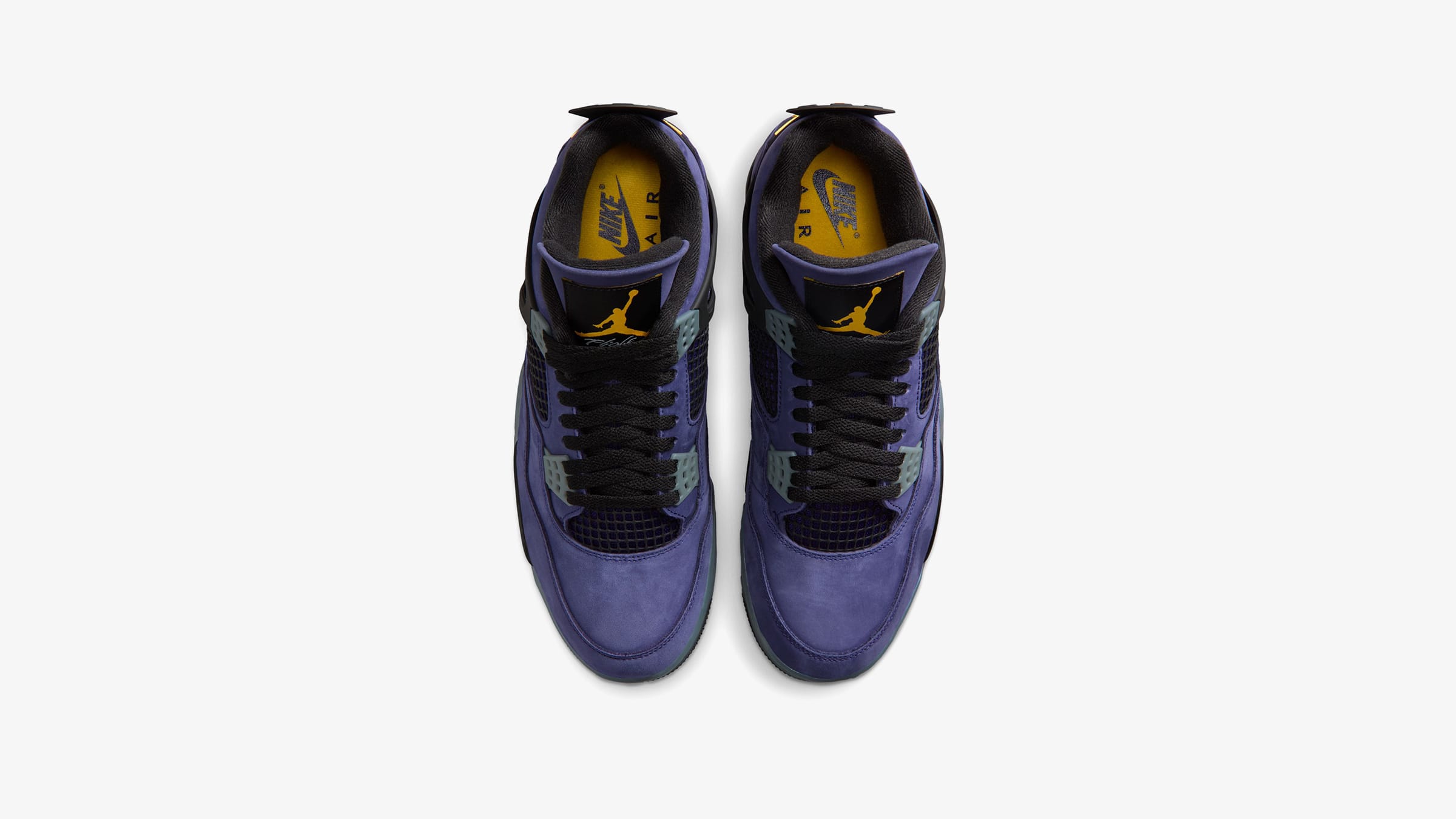 Air Jordan 4 Lakers Imperial Purple angled view highlighting lace cage and gold Jumpman logo