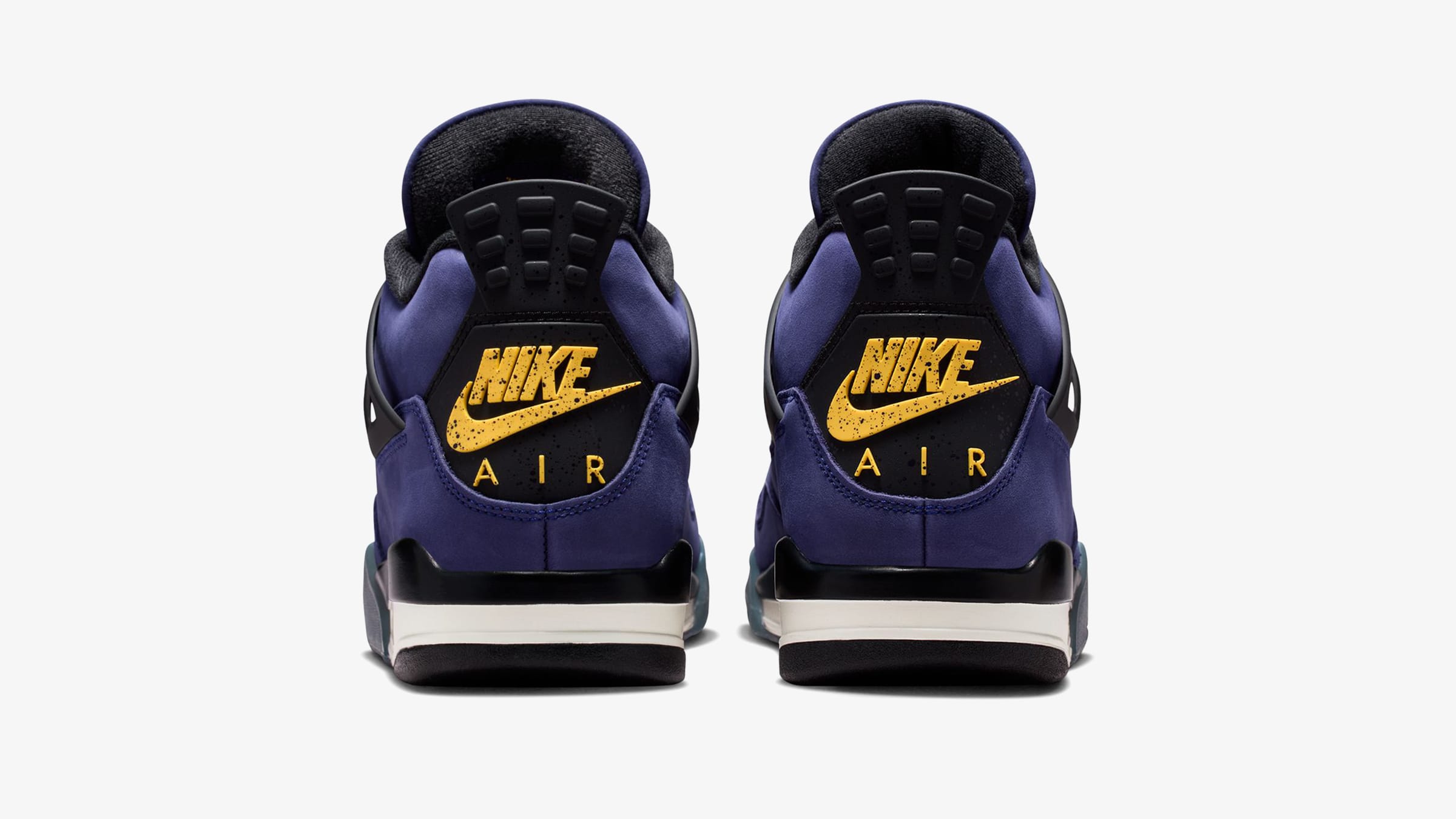 Air Jordan 4 Lakers Imperial Purple heel view with Nike Air branding