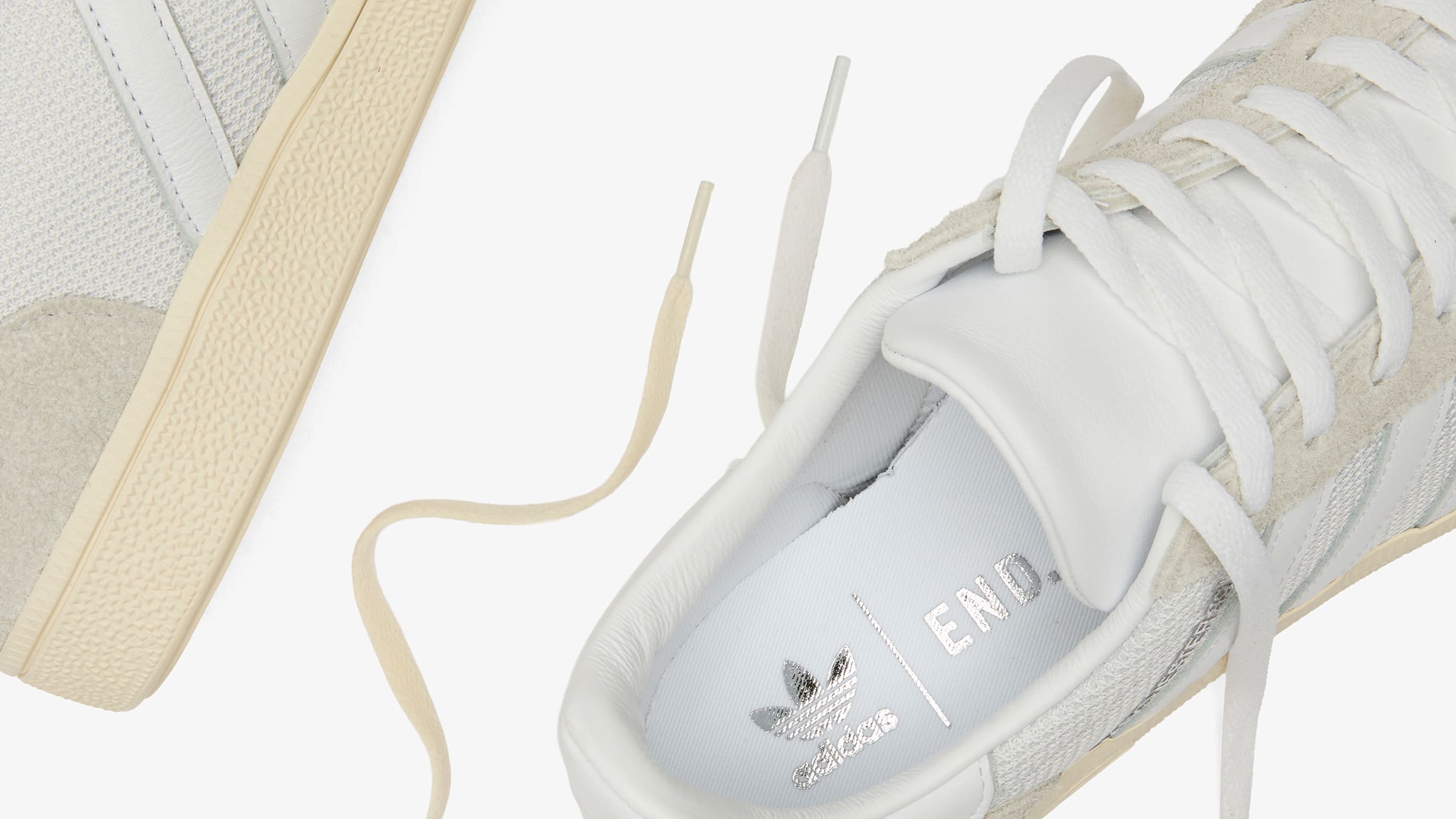 END. x adidas Made in Germany Manchester 89 JR1835 side view showing tumbled leather 3 Stripes and suede panels